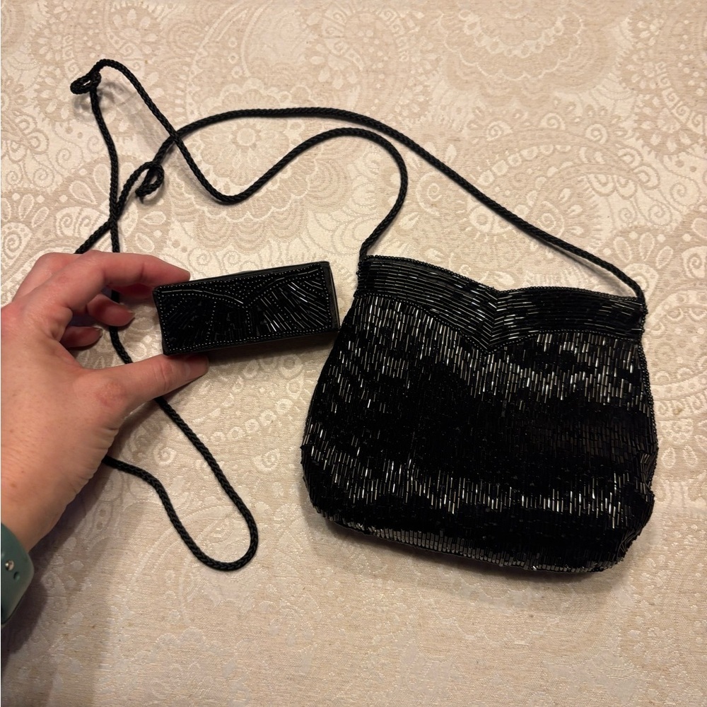 Vintage Art Deco Glam Beaded Evening Bag - Beaded Flapper- Black & Lipstick Case - Picture 3 of 7